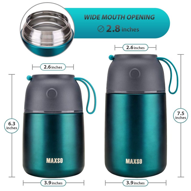 MAXSO 2 Pack Soup Thermo for Hot & Cold Food for Kids Adults, Vacuum Insulated Food Jar Thermal Lunch Containers, Travel Food Flask with Spoon (24 oz,17 oz) (Matte Green) - Image 2